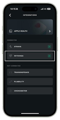 Whoop app integration screen showing Withings connected.