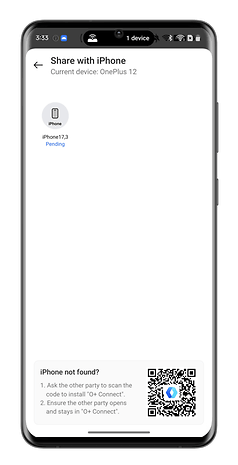 Écran de partage du OnePlus 12 montrant les options de connexion avec l'iPhone.