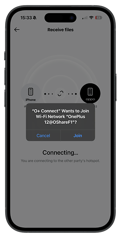 A smartphone screen displaying a Wi-Fi connection request for 'OnePlus 12@OShareF1'.