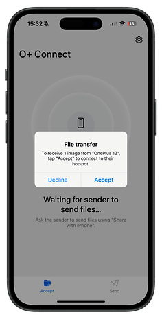 File transfer screen on a smartphone, showing options to accept or decline a file from OnePlus 12.