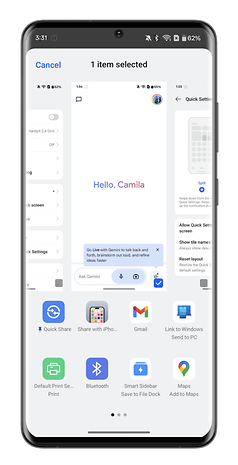 OnePlus smartphone screen displaying settings and a message saying 'Hello, Camila'.