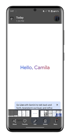 Un écran de smartphone affichant un message disant 'Bonjour, Camila' et des options pour partager, éditer ou supprimer.