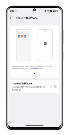 Interface OnePlus montrant la fonction 'Partager avec iPhone' et des instructions pour transférer des fichiers.