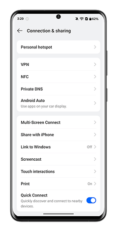 OnePlus smartphone settings menu showing connectivity options.