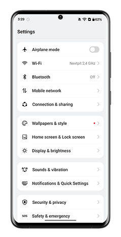 Settings menu displayed on a OnePlus smartphone, showing options like Wi-Fi, Bluetooth, and Display brightness.