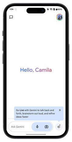 A OnePlus phone displaying a message that says 'Hello, Camila' and instructions for using Gemini.