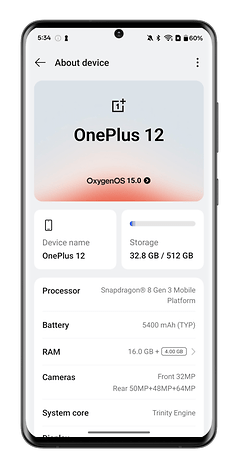 A OnePlus 12 eszközinformációs képernyője olyan specifikációkat mutat be, mint a tárhely és a RAM.