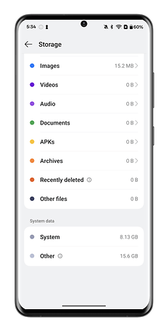 Storage settings on a OnePlus smartphone, showing categories like Images, Videos, and System data.