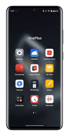 OnePlus smartphone screen displaying various app icons and the time 4:27.