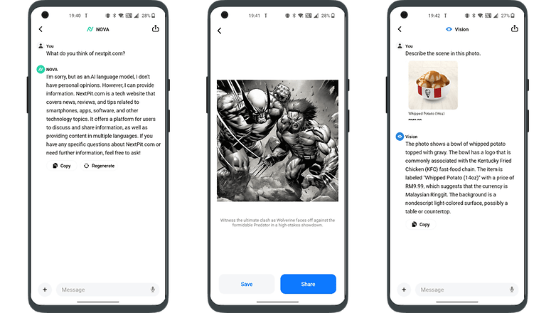 Screenshots von Nova AI chatbot