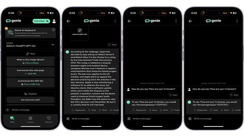Screenshots of the Genie AI app user interface