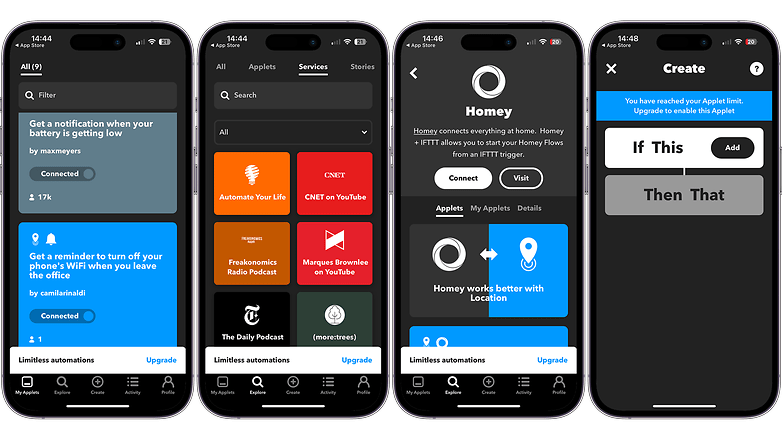 Screenshots of the IFTTT app user interface