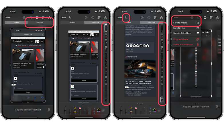 Screenshots showing how to take full-page screenshots on iOS 17