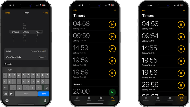 Screenshots der Timer-Funktion unter iOS 17