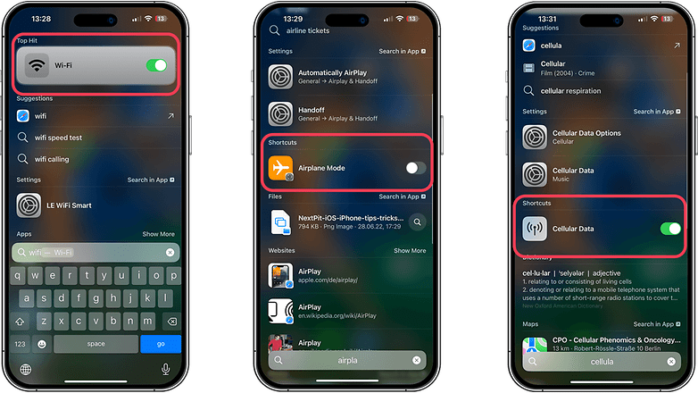 Screenshots of Search system shortcuts on iOS 17