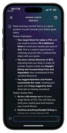 WHOOP Coach app screen with personalized fitness goals and action plan for the user.