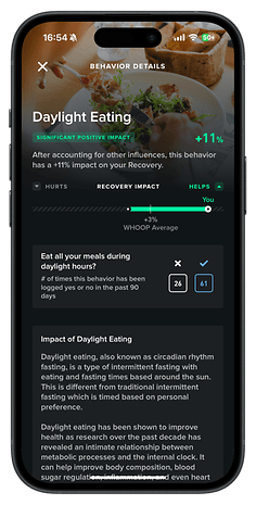 WHOOP app screen showing behavior details for 'Daylight Eating' and its impact on recovery.