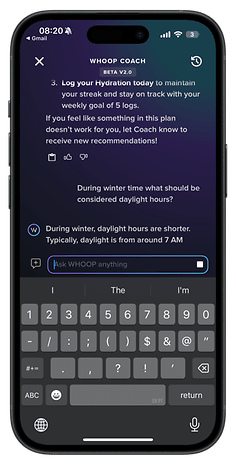 Mobile screen displaying WHOOP Coach app with hydration logging instructions.