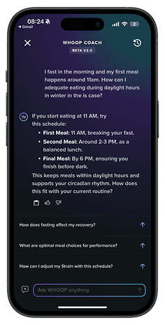 Interface de l'application Whoop Coach montrant un programme de jeûne et des recommandations de repas.