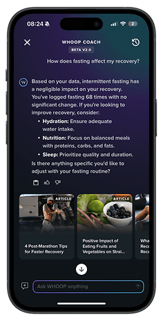 Interface de l'application mobile montrant WHOP Coach suggérant l'impact du jeûne sur la récupération.