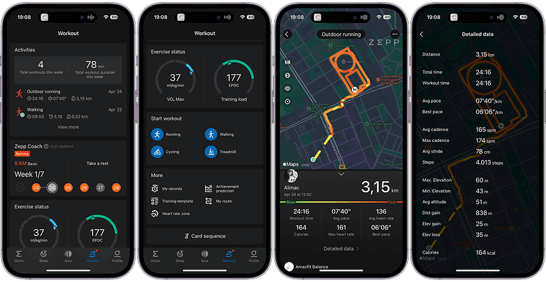 Screenshot of the Zepp Health app's workout summary, displaying total workouts and a map with the running route and detailed statistics.