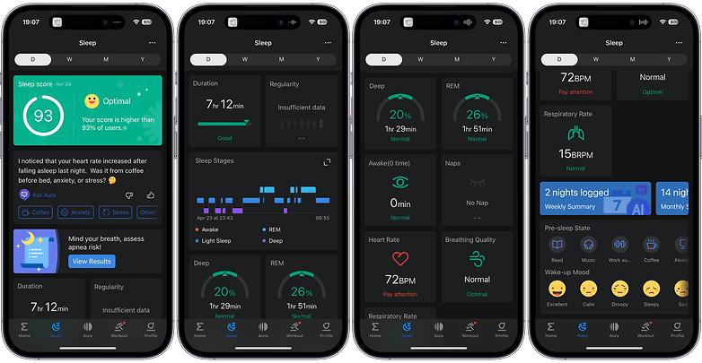Screenshot of the Zepp Health app's sleep tracking interface with a high sleep score and insights into sleep stages and heart rate.