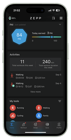 Screenshot der Zepp-App-UI  für die Amazfit T-Rex 3