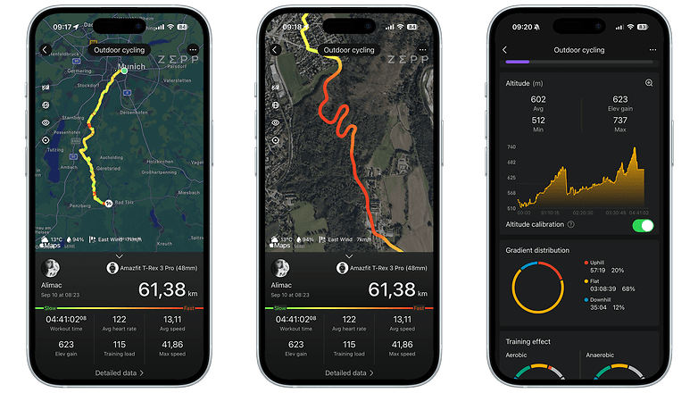 Three smartphone screens displaying outdoor cycling stats from Amazfit T-Rex 3 Pro.