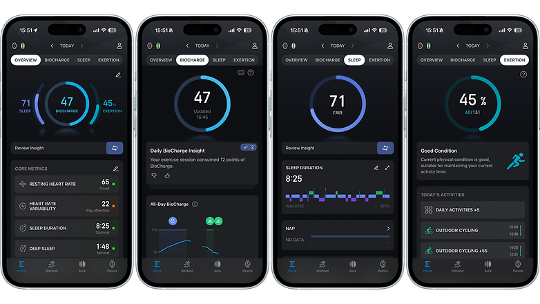 Amazfit T-Rex 3 Pro app interface showing biocharge, sleep, and exertion metrics.