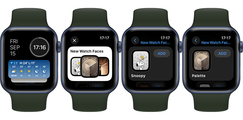 Captures d'écran de watchOS 10 avec les widgets empilés sur l'écran d'accueil de l'Apple Watch