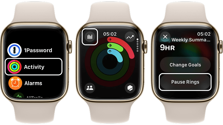 Screenshots zeigen, wie Ihr die Aktivitätsringe auf der Apple Watch pausiert