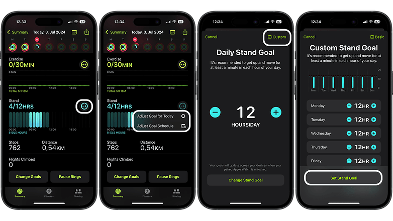 Screenshots on how to pause rings activity on Apple Watch and iPhone