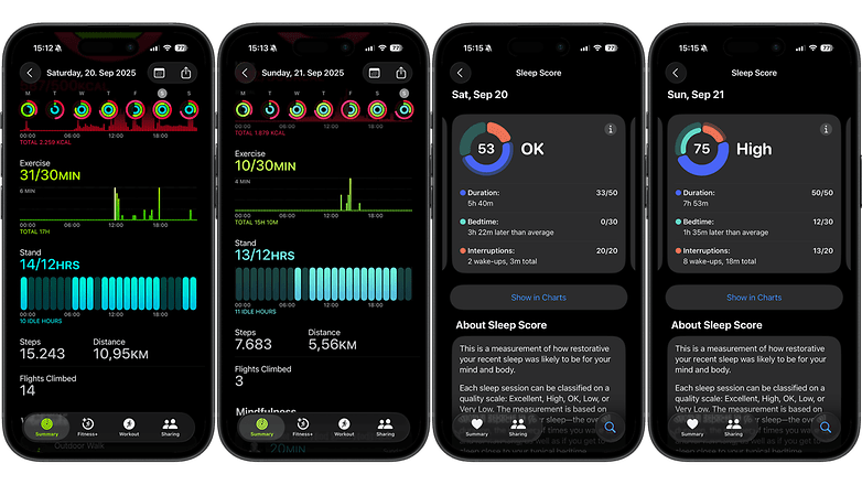 Apple Watch Ultra 3 activity and sleep tracking screens showing exercise, stand hours, and sleep scores.