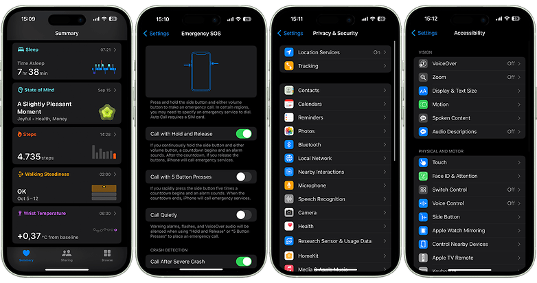 Screenshots showing the UI of iOS 17 on the iPhone 15