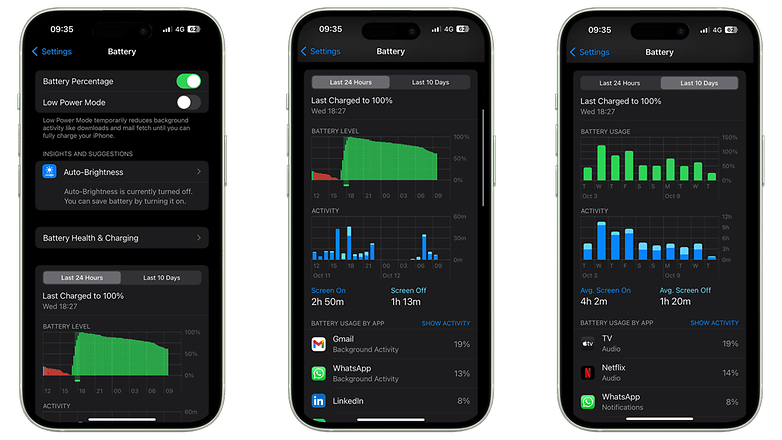 Captures d'écran de l'utilitaire de batterie sur l'iPhone 15 d'Apple
