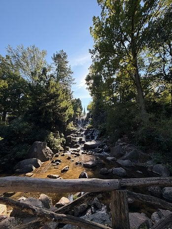 A serene waterfall cascades through rocks, surrounded by lush greenery under a clear blue sky.