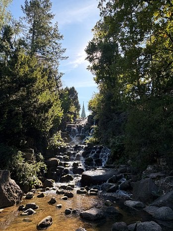 A serene waterfall cascades over rocks, surrounded by trees under a clear blue sky.