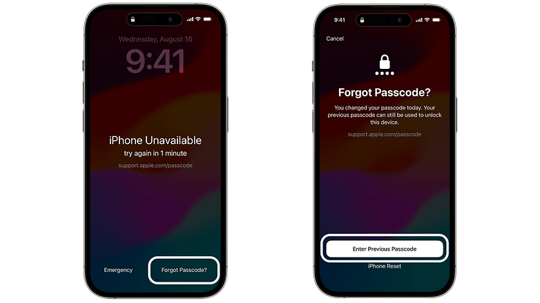 Screenshots showing how to reset passcode on iOS 17