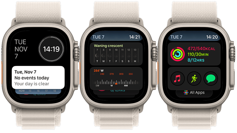 képernyőképek, amelyek bemutatják, hogyan adhat hozzá új widgeteket az Apple Watch Ultra készülékhez