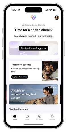 Mobile-App-Oberfläche, die Gesundheitsprüfungsoptionen und Mitgliedschaftspläne anzeigt.
