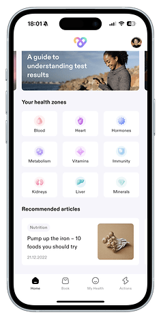 Mobile-App-Oberfläche zeigt Gesundheitszonen und empfohlene Artikel an.