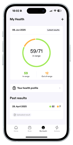 Ein Smartphone zeigt die Gesundheitsübersicht der Aware-App mit Ergebnissen vom 6. Juni 2025.