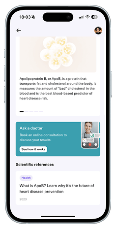 Mobilbildschirm zeigt die Aware-App mit Informationen zu Apolipoprotein B und Optionen für Online-Beratung.