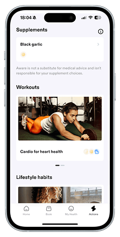 Screenshot der Aware-App mit den Abschnitten Nahrungsergänzungsmittel und Workouts.
