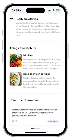 Text der Aware-App über herzgesunde Frühstücksoptionen und Gesundheitstipps.