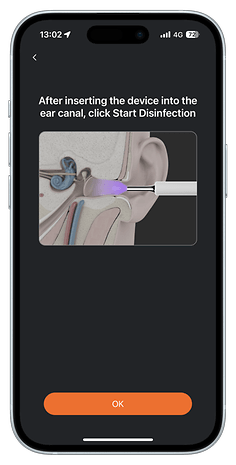 Device insertion instructions for ear canal disinfection on a mobile screen.