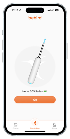 Bebird app interface showing Home 30S Series ear cleaning tool with 'Go' button.