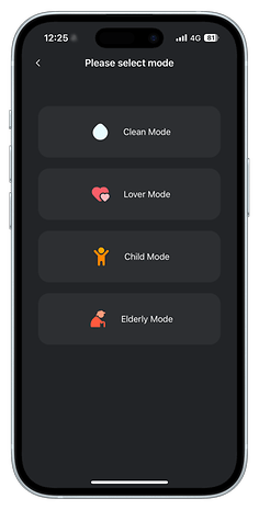 Mobile interface displaying mode selection for Bebird: Clean, Lover, Child, Elderly.