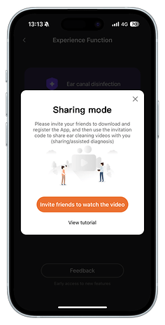 Écran de l'application Bebird montrant le mode partage et l'invitation à inviter des amis pour des vidéos de nettoyage des oreilles.