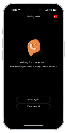 Bebird app screen in sharing mode, waiting for connection, with options to invite again or view tutorial.